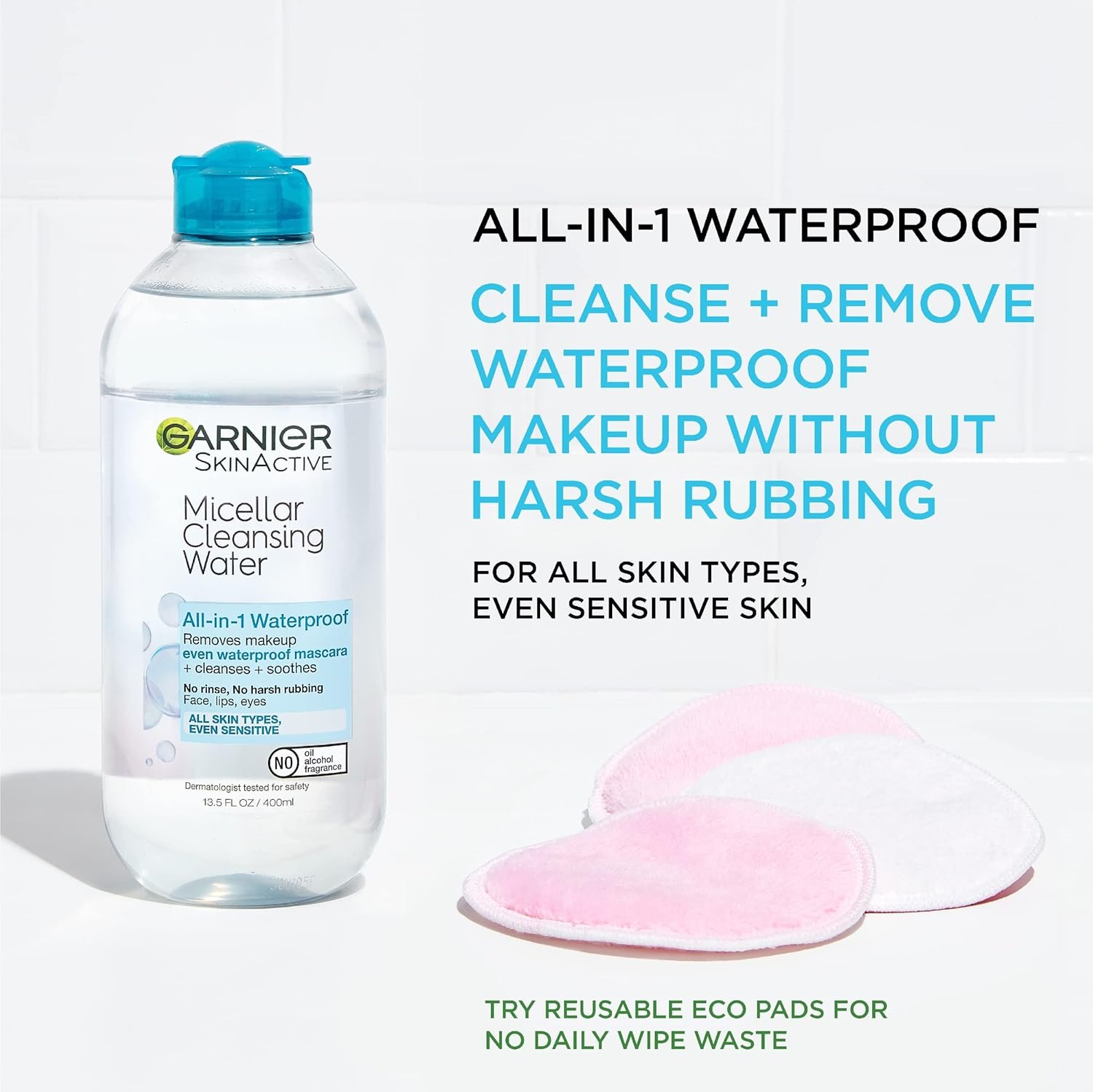 Garnier Micellar Water For Waterproof Makeup, Hydrating Facial Cleanser & Makeup Remover, Suitable for Sensitive Skin, Vegan, Cruelty Free, 13.5 Fl Oz (400mL), 1 Count - Image 4